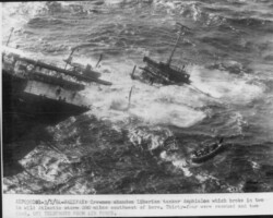 <em>Amphialos</em>, ex-<em>Bulkstar</em> after breaking in two off the coast of Cape Cod, Massachusetts in March, 1964.