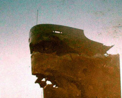 Damage from a collision and fire in 1947. The ship caught fire in Texas City on 18 May, 1947 - not long after the French freighter <em>Grandcamp</em> exploded and killed most of the fire department. People started leaving town to avoid a repeat when <em>Pan Massachusetts</em> caught fire with full cargo of aviation gasoline onboard. (<em>Bill Oliver Photo</em>)