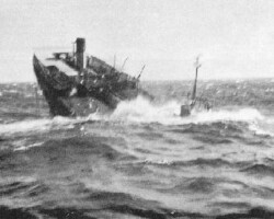<em>Amphialos</em>, ex-<em>Bulkstar</em> after breaking in two off the coast of Cape Cod, Massachusetts in March, 1964. 34 men were rescued from the stern section.