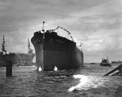 A nice bow shot of the just launched <em>Bulkoceanic</em>. In the left background are 2 light aircraft carriers.
( Photo Copyright Thomas Fred Wright Jr. )