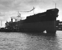 Having been launched the tugs are now pushing <em>Bulkoceanic</em> to the dock where work will continue.
( Photo Copyright Thomas Fred Wright Jr. )