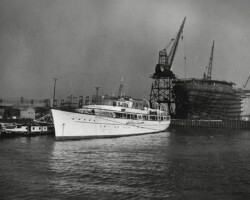 1950 (sometime after 6 Jan. but before 17 Mar.) <em>Bulktrader</em> and the recently launched 191 foot yacht <em>Danginn</em>.
( Photo Copyright Thomas Fred Wright Jr. )